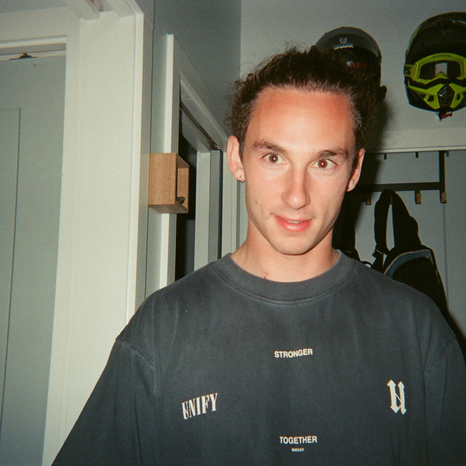 Clayton Roberts at home in an oversized tee.